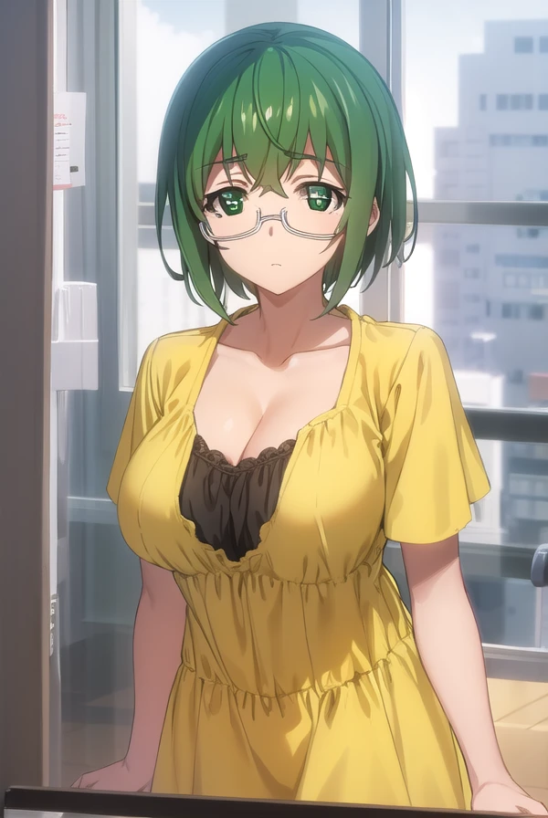 mayayamada, <lora:maya yamada s2-lora-nochekaiser:1>,
maya yamada, short hair, (green eyes:1.3), green hair, glasses, semi-rimless eyewear, under-rim eyewear,
BREAK dress, cleavage, yellow dress, short sleeves, collarbone,
BREAK indoors, classroom,
BREAK looking at viewer, (cowboy shot:1.5),
BREAK <lyco:GoodHands-beta2:1>, (masterpiece:1.2), best quality, high resolution, unity 8k wallpaper, (illustration:0.8), (beautiful detailed eyes:1.6), extremely detailed face, perfect lighting, extremely detailed CG, (perfect hands, perfect anatomy),