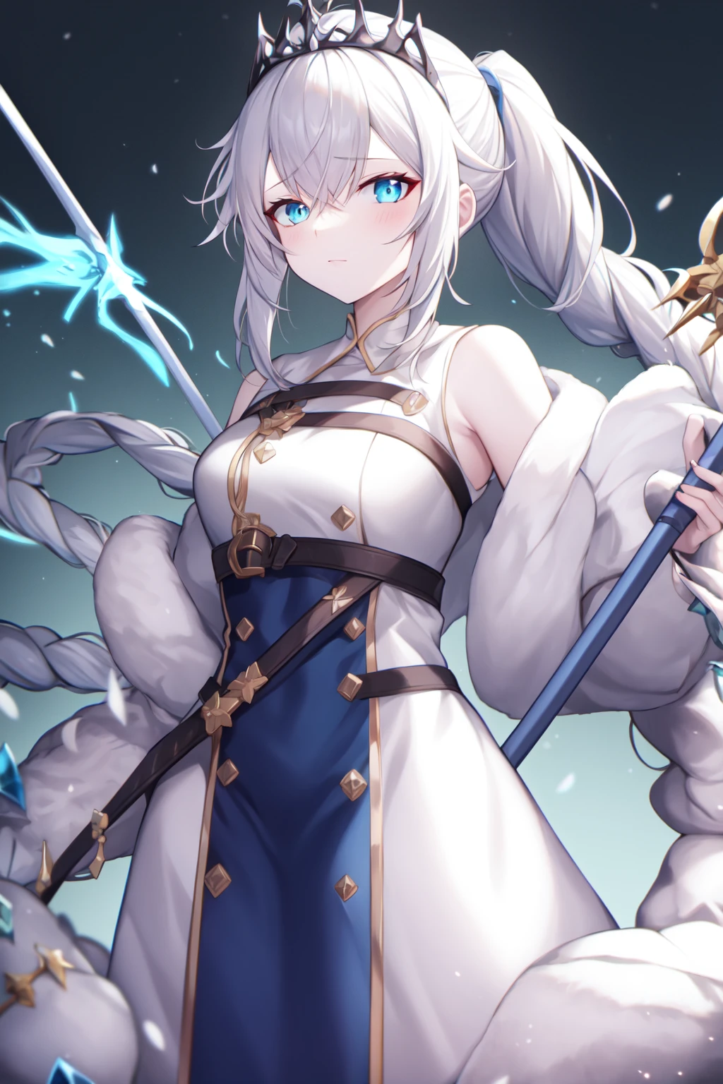 russian dress, papakha, fur-trimmed coat, long white hair, pale skin, pale blue eyes, side ponytail, braided ponytail, tiara, scar across eye, rapier