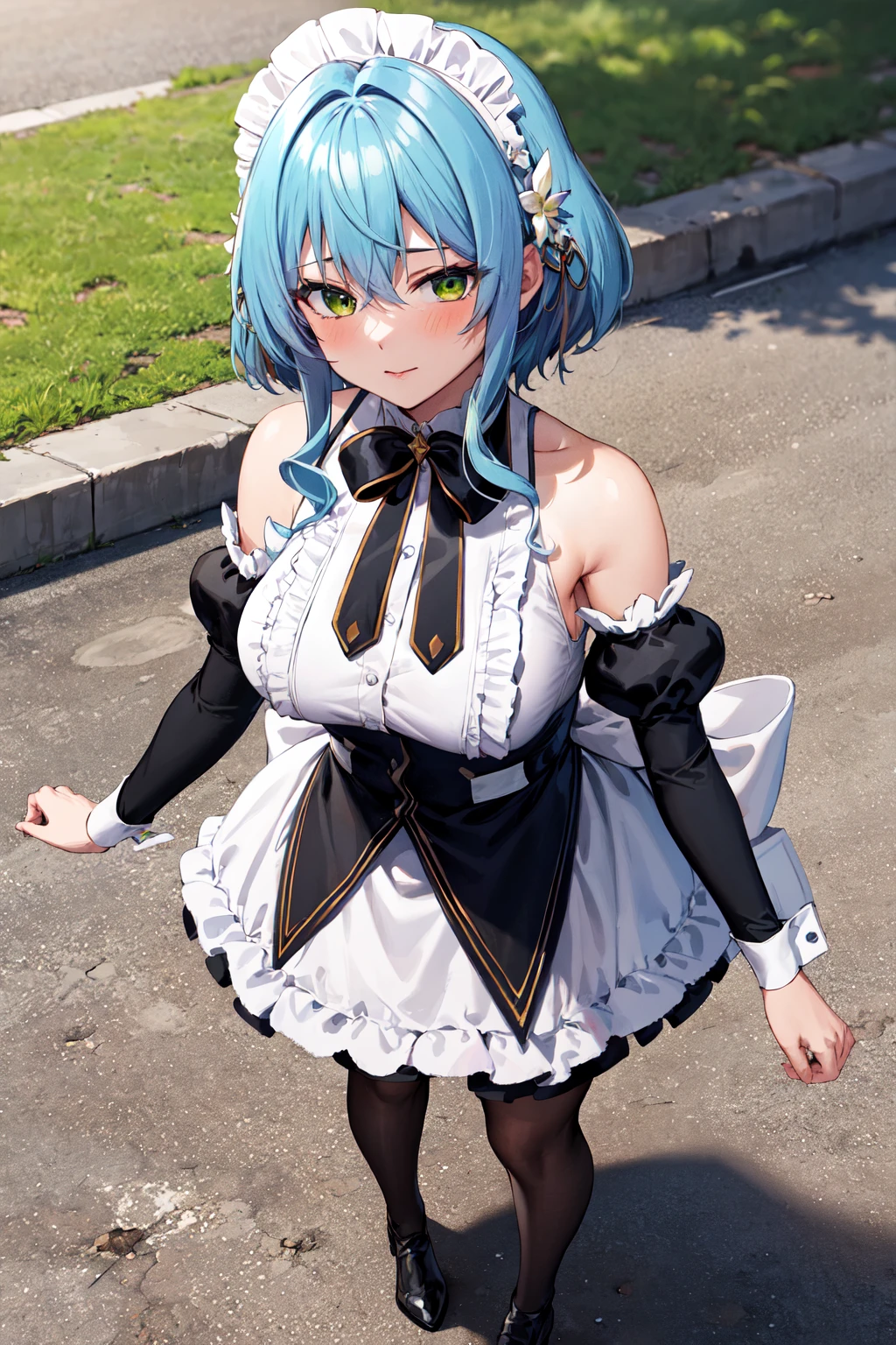 masterpiece, best quality, highres, aavillhaze, short hair, maid headdress, green eyes, breasts, maid, black bowtie, bare shoulders, frills, dress, underbust, detached sleeves, long sleeves, maid apron, <lora:villhaze_v1:0.7>, standing, outdoors, full body, looking at viewer, from above,
