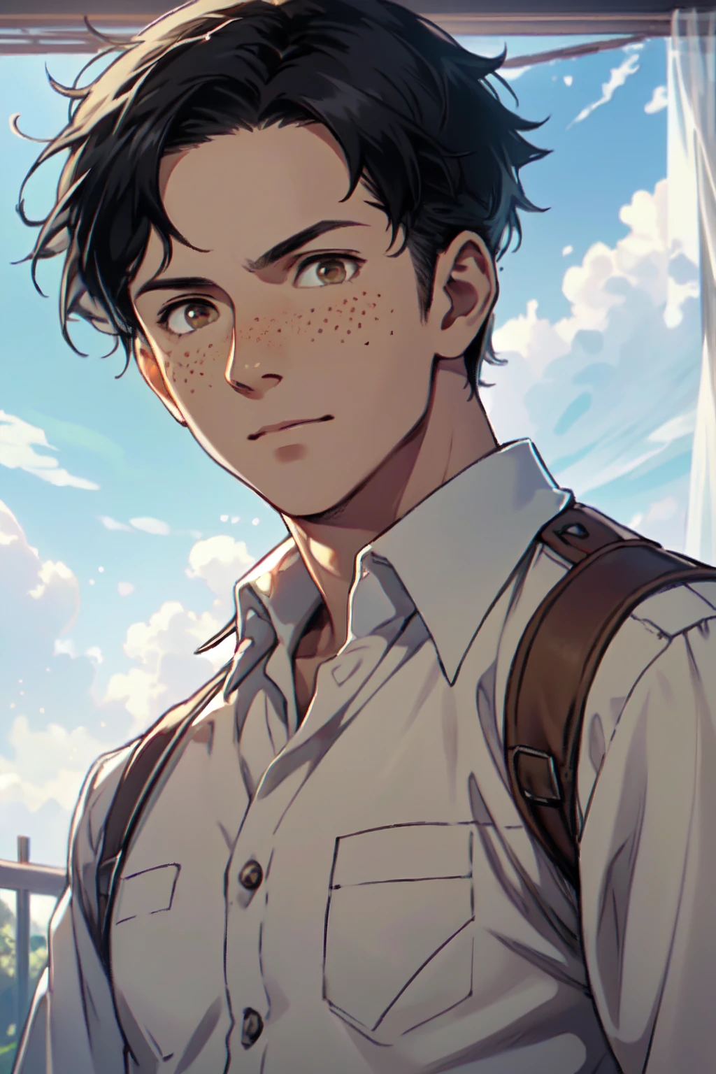 Marco Bodt from Attack on Titan,  (short hair:1.2) (black hair,  center-parted short hair,  very short curtained hair:1.2),  (bare forehead:1.2),  (light brown eyes,  normal size eyes),  wearing pure white collared shirt,  youthful,  freckles,  handsome,  charming,  alluring,  friendly,  (standing),  (upper body in frame),  simple background,  green plains,  cloudy blue sky,  perfect light,  only1 image,  perfect anatomy,  perfect proportions,  perfect perspective,  8k,  HQ,  (best quality:1.5,  hyperrealistic:1.5,  photorealistic:1.4,  madly detailed CG unity 8k wallpaper:1.5,  masterpiece:1.3,  madly detailed photo:1.2),  (hyper-realistic lifelike texture:1.4,  realistic eyes:1.2),  picture-perfect face,  perfect eye pupil,  detailed eyes,  realistic,  HD,  UHD,  (front view:1.2),  portrait,  looking outside frame,<lora:EMS-265403-EMS:0.800000>