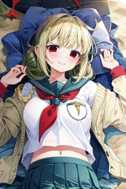 aragakiwi, (portrait:1.3), red eyes, blonde hair, bangs, hair bun, mole under eye, school uniform, cardigan, yellow serafuku, pleated skirt, green skirt smile, lying, cloudy, beach <lora:leopard:1>