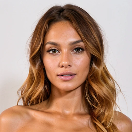 an extreme closeup front shot photo of a beautiful 27yo Costa Rican supermodel woman with tanned skin, defined cheekbones, pouty lips, light-honey eyes (naked:1.3), small breasts, fit athletic body, darkblonde armpit-length wavy hair, (white background:1.3), relaxed facial expression