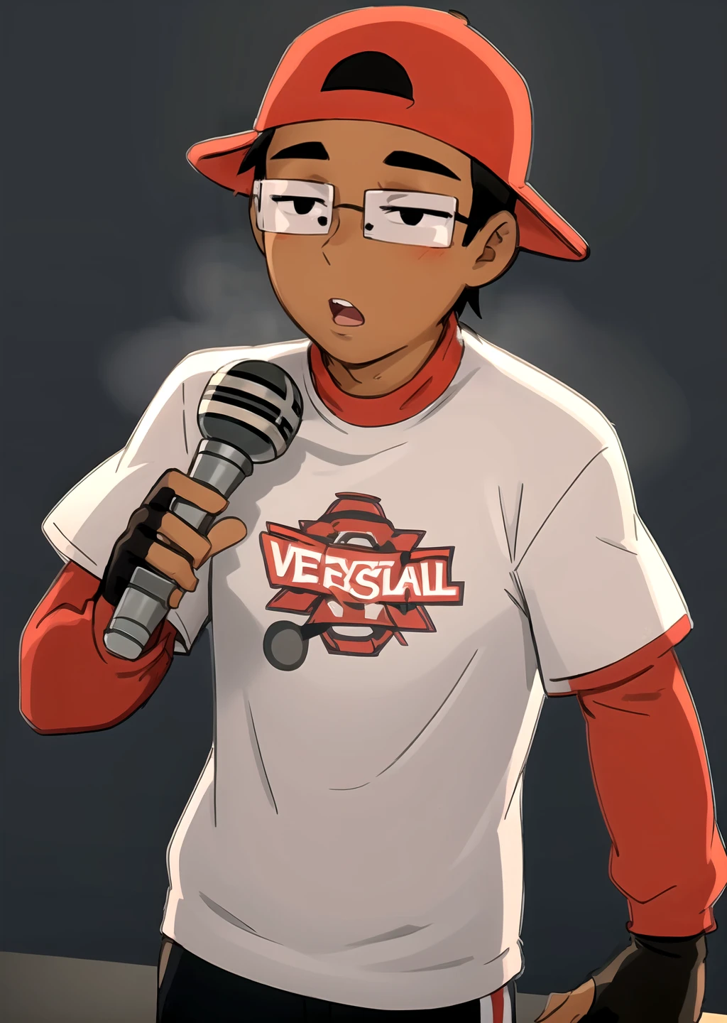 <lora:GoodHands-beta2:1> 1boy, <lora:verbalase-09:0.65> verbalase, male focus, baseball cap, backwards hat, glasses, solo, red sleeves, gloves, microphone,
mature male, fingerless gloves, black eyes,
<lora:khyleri_ex-07:0.6> (((simple background))),