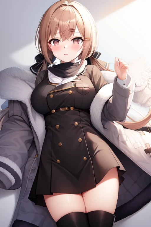 russian dress, hairclip, black bow, large breasts, low twintails, jacket, hair bow, scarf, boots, skirt, fur-trimmed coat