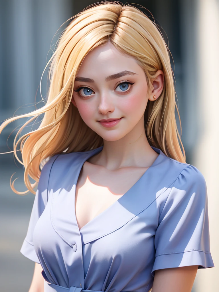 Realistic photo of a beautiful d4k0t4f woman,1girl,solo,long hair,breasts,looking at viewer,smile,blonde hair,shirt,dress,closed mouth,upper body,short sleeves,blurry,lips,grey eyes,blurry background,blue dress,blue shirt,realistic, soft lighting, professional Photography, Photorealistic, detailed, RAW, analog, sharp focus, 8k, HD, high quality, masterpiece<lora:d4k0t4f:1.0>