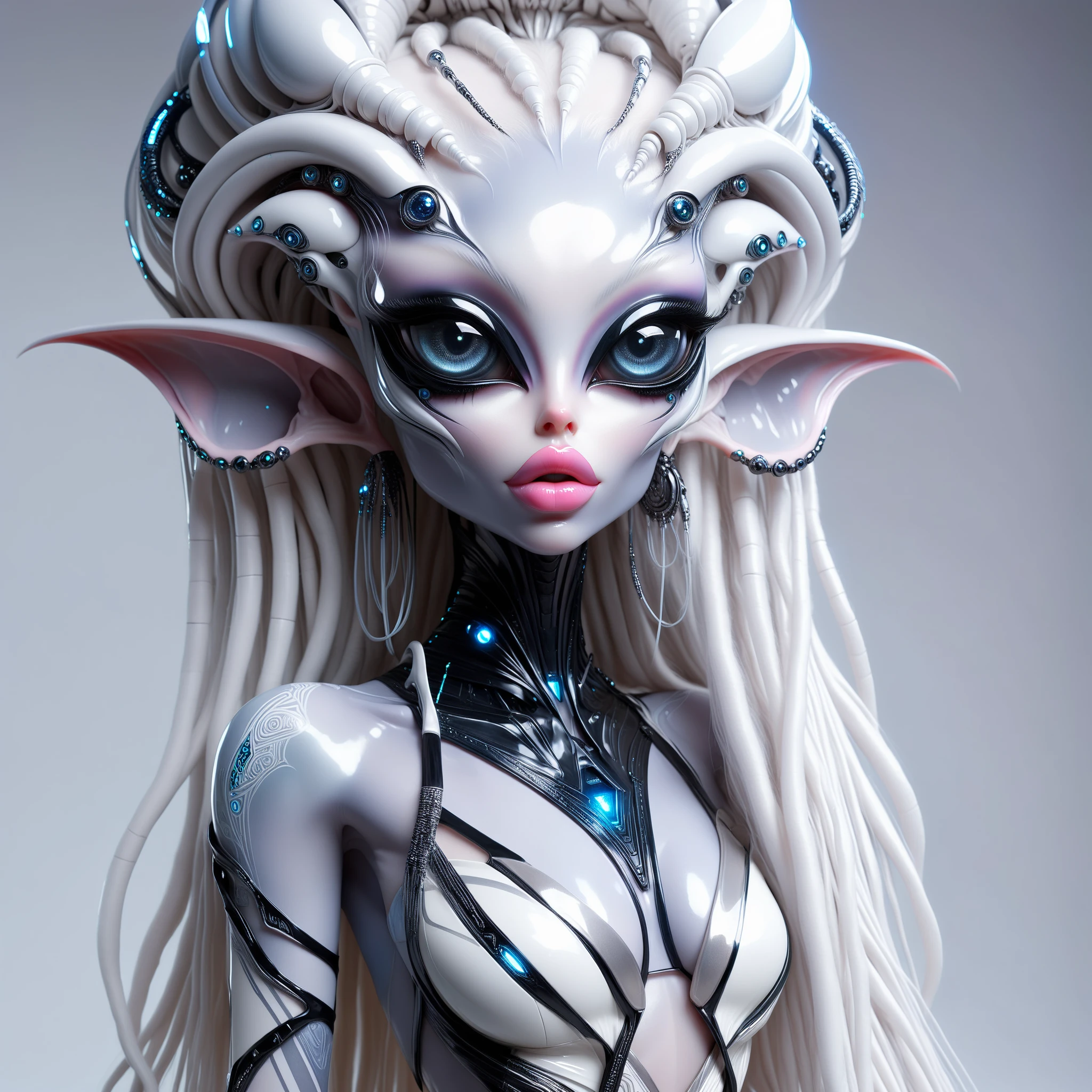 <lora:AlinaXL:0.6> <lora:DalleAlien:0.8> beautiful alien elf girl with big detailed eyes and huge lips , white and black alien in the style of futuristic glamour, white and light grey background fairycore, amazing movie cinematic, translucid body, like a real photoshoot, amazing light, sergey musin, shallow depth of field, fantasy, realistic figures, detailed perfection, glittering skin, very detailed alien skin, masterpiece, great photography shot, beautiful palette of colours ,8k, extreme detailed , colorful , highest detailed