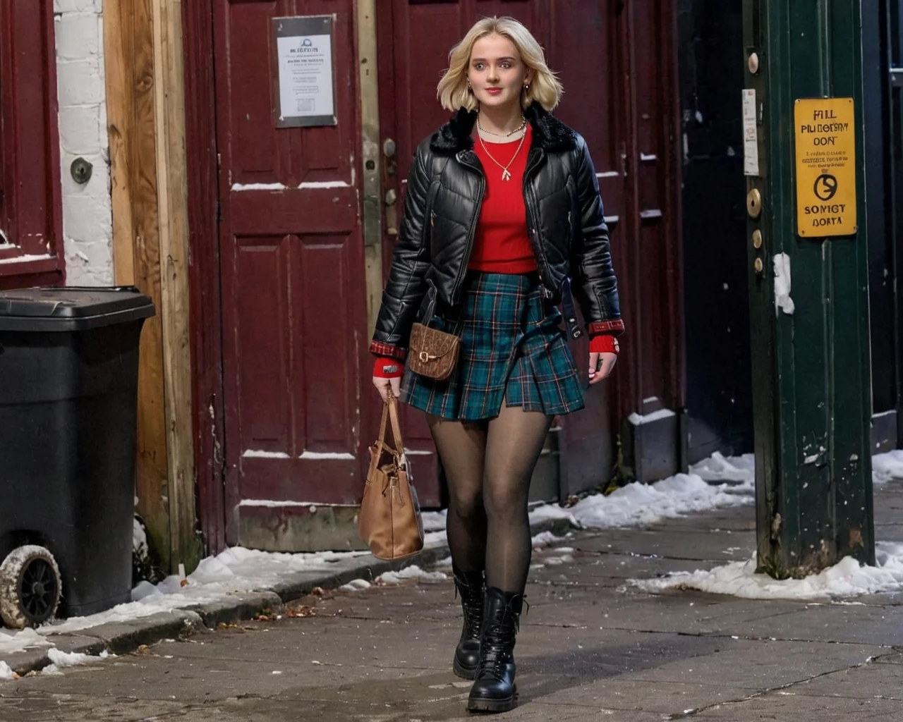 Millie Gibson,as Ruby Sunday,1girl,solo,night,dark,snow,looking at viewer,blue eyes,skirt,blonde hair,holding,jewelry,jacket,full body,pantyhose,earrings,boots,medium hair,necklace,black footwear,plaid,black pantyhose,fur trim,plaid skirt,realistic,((busy new york street)),<lora:Millie Gibson V1-000009:0.8>,