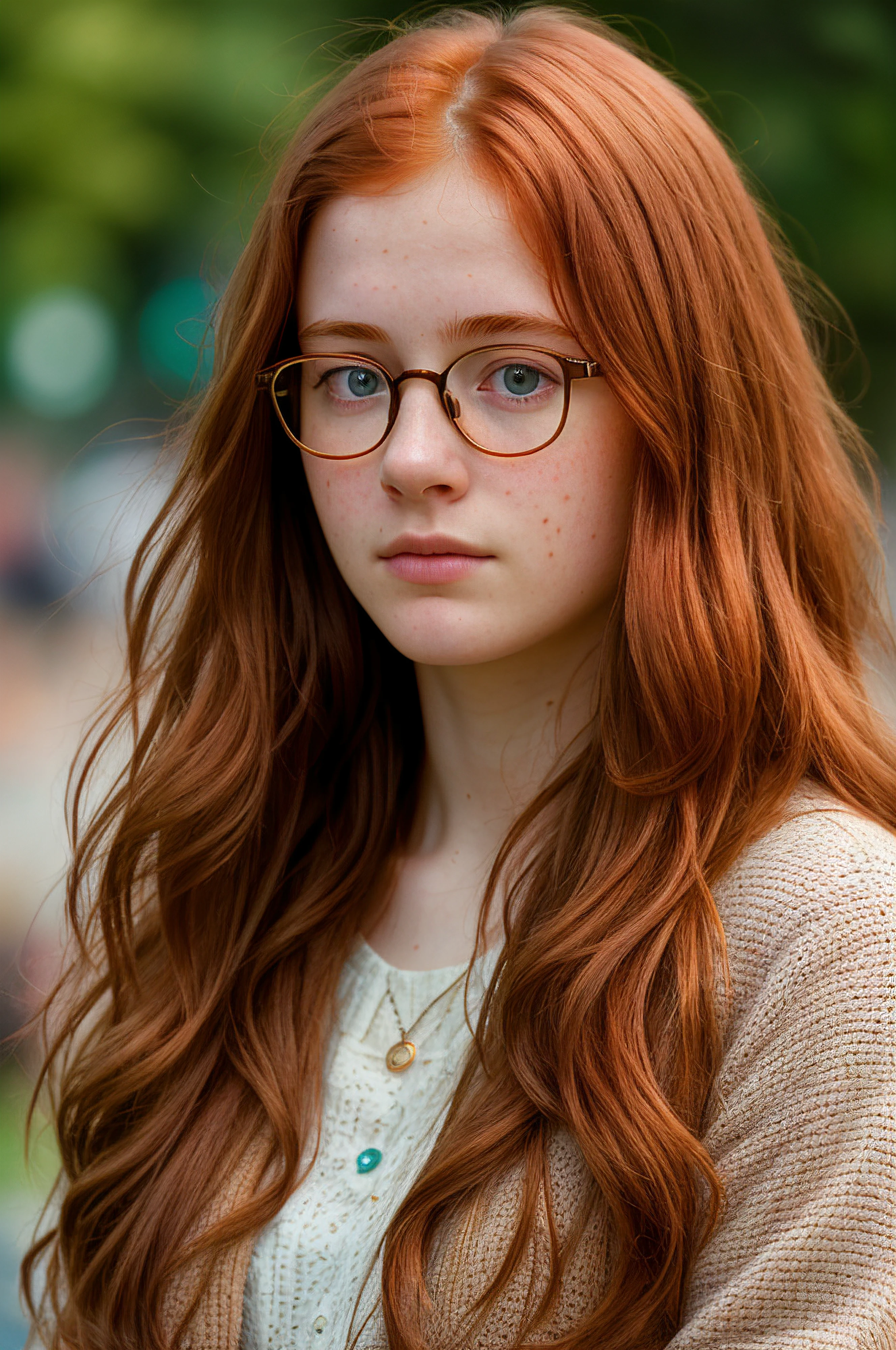 professional, masterpiece, 8k, portrait of a 20yo, redhead, long hair, glasses, (looking shy:1.3), (freckles:.6), detailed face, detailed skin, photography, hq, photorealistic