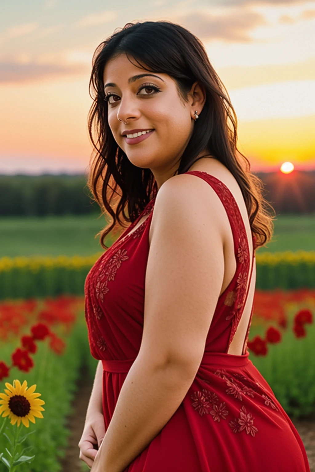 portrait of everamarie, wearing red dress, flower field, sunset, blurry background, intricate details, highly detailed <lora:EveraMarie:1>