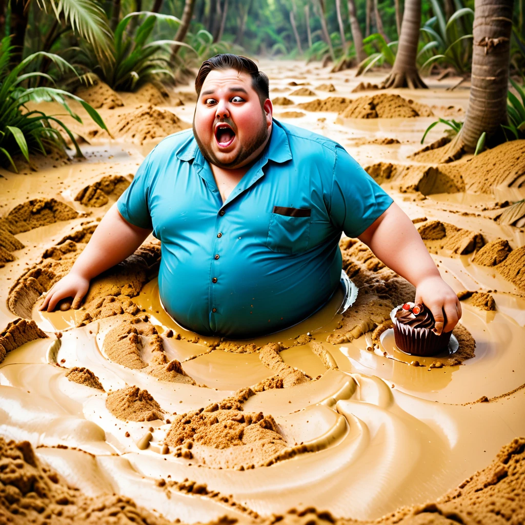 a obese man sinking in quicksand, eating cake