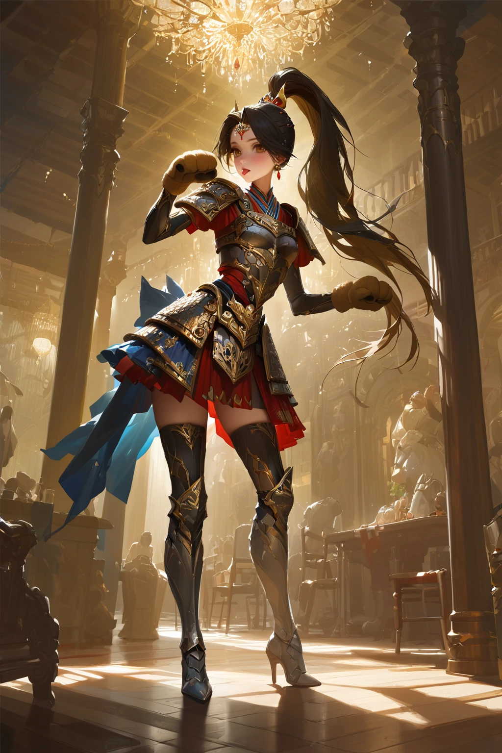[artist:ciloranko],[[artist:ask(askzy)]],[artist:modare],
HDR,UHD,8K,best quality,masterpiece,tongue,paw gloves,tongue out,blush,{{paw pose}},indoors,standing,
anime artwork of (masterpiece,best quality,ultra high res:1.1),(photo-realistic:1.1),side_light,<lora:sdxlèµµè¥-000003:1>,black hair,long hair,ponytail,
breasts,hair ornament,high heel boots,full body,brown eyes,looking at viewer,small_breasts,breastplate,jewelry,earrings,armor,shoulder armor,boots,thighhighs,armored boots,