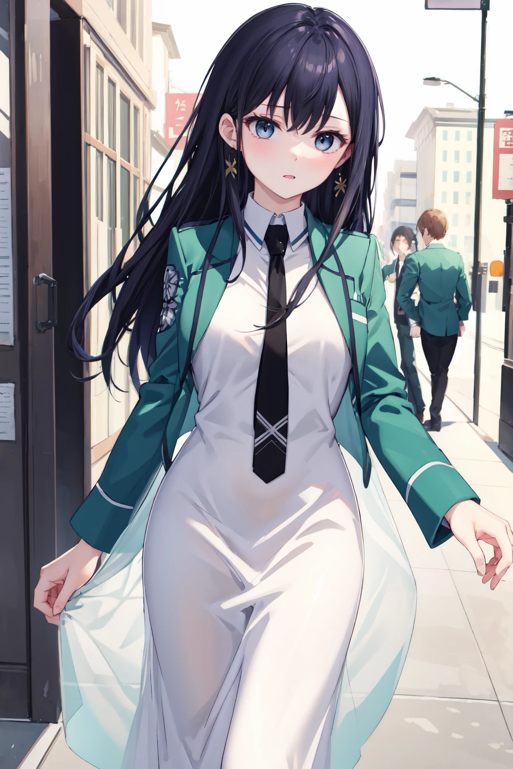 <lora:ç´°ç¯-ç¹é度:0.5>,masterpiece,best quality,highres,ultra-detailed,1girl,standing,magic_high_school_uniform,green jacket,white dress,black necktie,<lora:magic_high_school_uniform-01:0.7>,