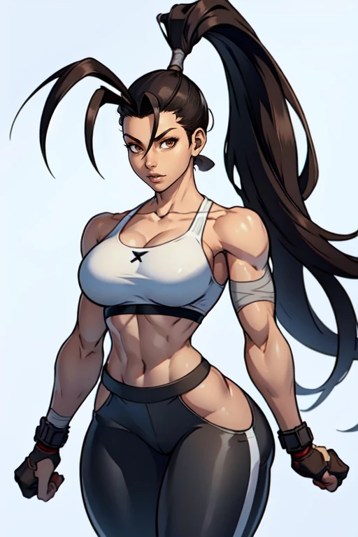 masterpiece,best quality,extreme detail,8k,<lora:ibuki:0.8>,ibuki2,1girl,solo,long hair,breasts,looking at viewer,simple background,black hair,white background,cleavage,brown eyes,medium breasts,collarbone,ponytail,cowboy shot,alternate costume,midriff,pants,bandages,black pants,antenna hair,high ponytail,toned,sports bra,bandaged arm,bandaged hand,white sports bra,