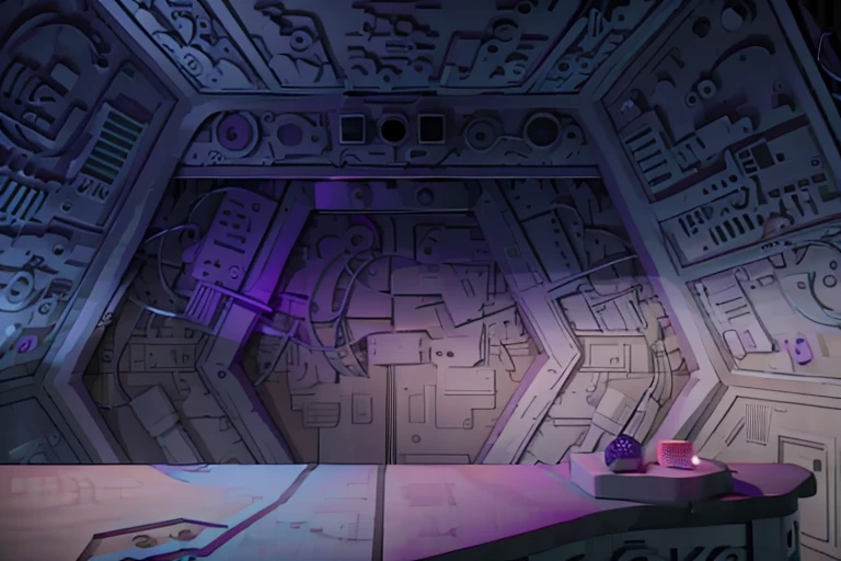 RAW photo of a space station bridge <lora:SOL_Bridge:1> with a table in front of a door with a G on it, purple lighting