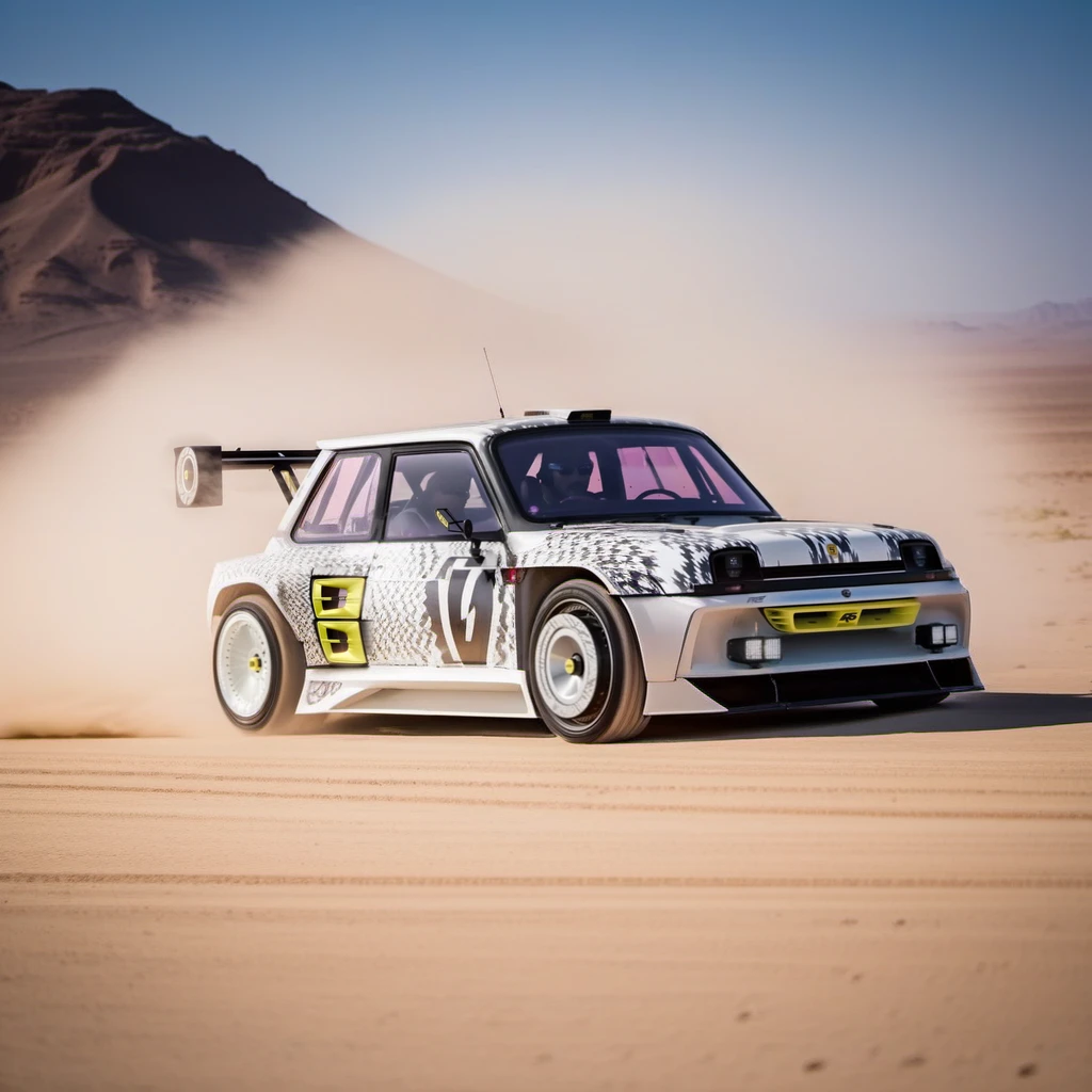 Long exposure photo of cinematic photo Long exposure photo of R5e1024, an pearly all white electric rally, car, text ''CivitAI", desert, dust, drift, photography, ultra sharp, film, professional, 64k <lora:add-detail-xl:1.5> <lora:R5Turbo3E-1024-000235:0.8> . Blurred motion, streaks of light, surreal, dreamy, ghosting effect, highly detailed