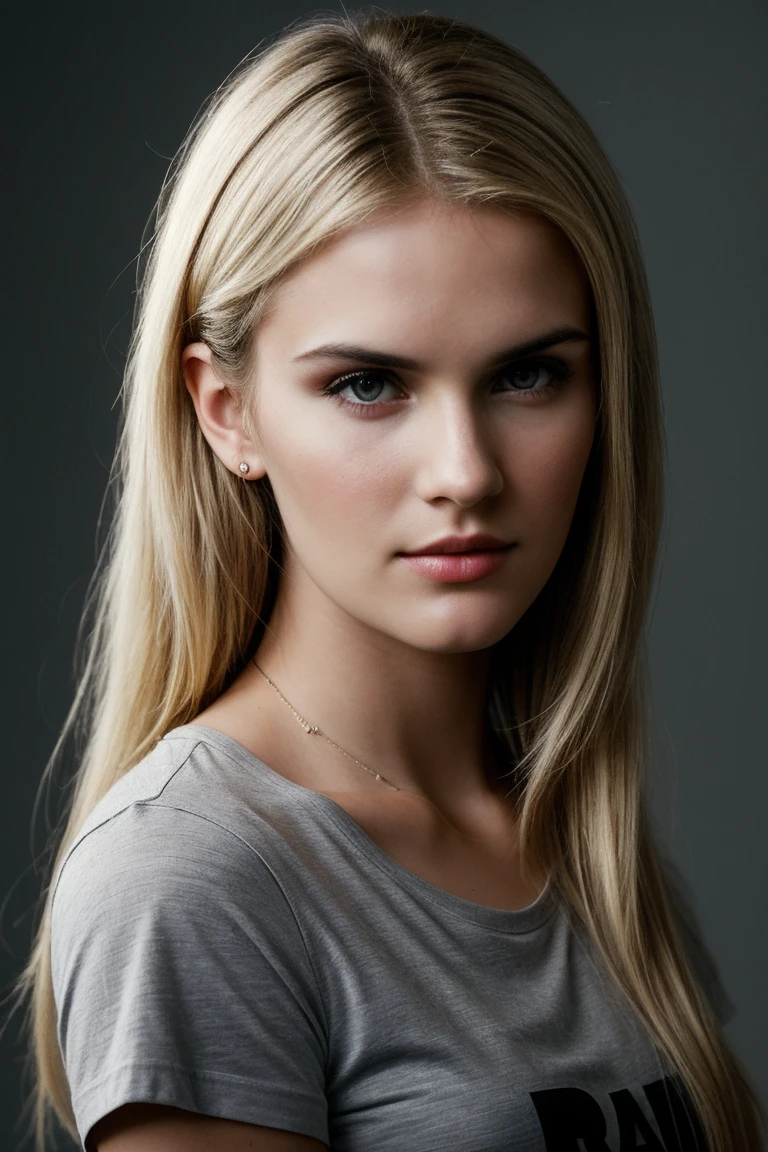 photo of seductive (m4gr4ce-125:0.99), a beautiful woman as a sexy student, perfect blonde hair, (tight Light blue graphic tee), ((plain Slate Gray background:1.2)), 24mm, (analog, cinematic, film grain:1.3), detailed eyes, (seductive pose), (epicPhoto), (looking at viewer), (cinematic shot:1.3), PA7_Portrait-MCU