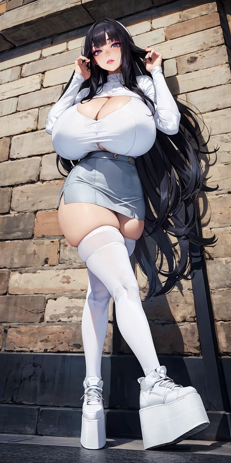 1girl, portrait, close-up,
"long hair", "black hair", bangs, "blunt bangs",
"white mini-skirt", "white thighhighs",
("gigantic breasts"),
<lora:tsneakz_v4_wd14_24x_dropout_flip_chillout_local:0.8> platform sneakers, tsneakz, shoes