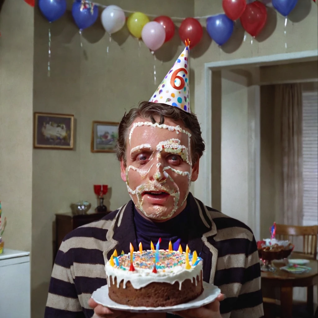 number-six, man with birthday cake all over his face