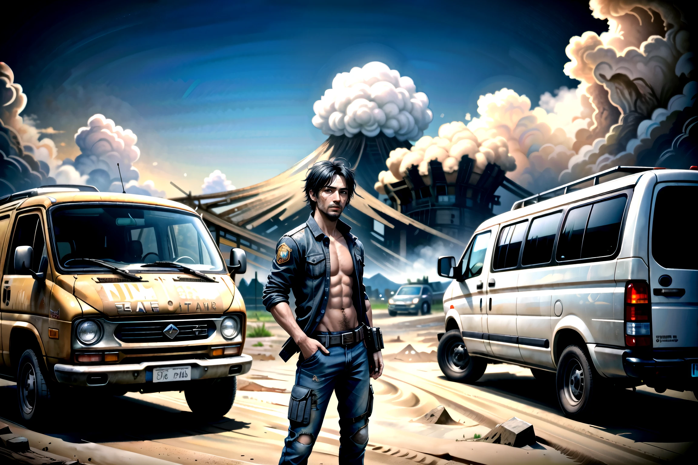 postapocalypse, (photo of (wrecked old van), ((person, male, man:1.1, black hair):1.5, leaning on van)), natural lighting, 8k uhd, high quality, film grain, Fujifilm XT3, (wide angle:1.2), panoramic, landscape, ((background burning sandstorm, wide angle, panoramic))