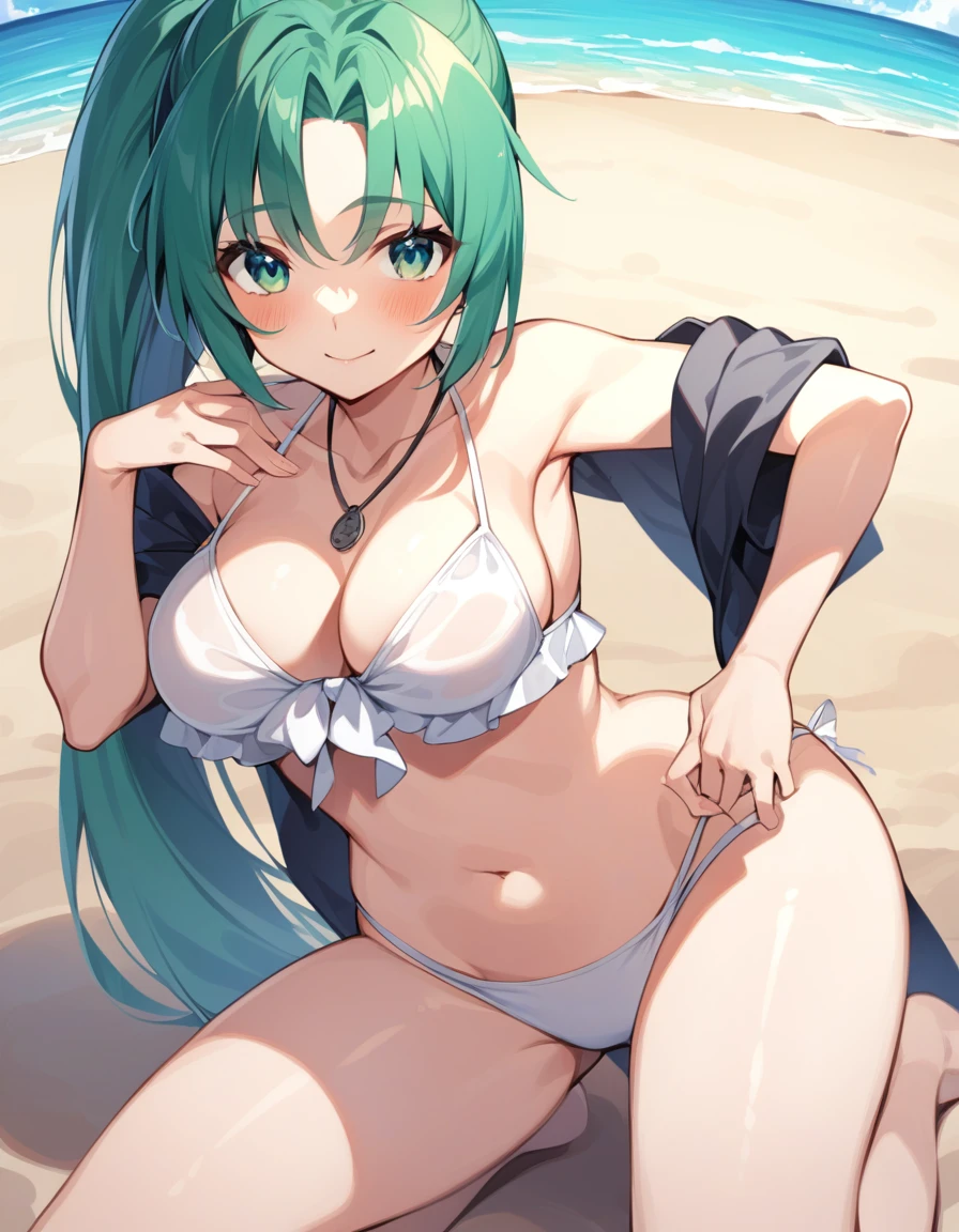late, 1girl, Mion Sonozaki, green hair, green eyes, ponytail, swimsuit, beach, <lora:lora-000009:1>,