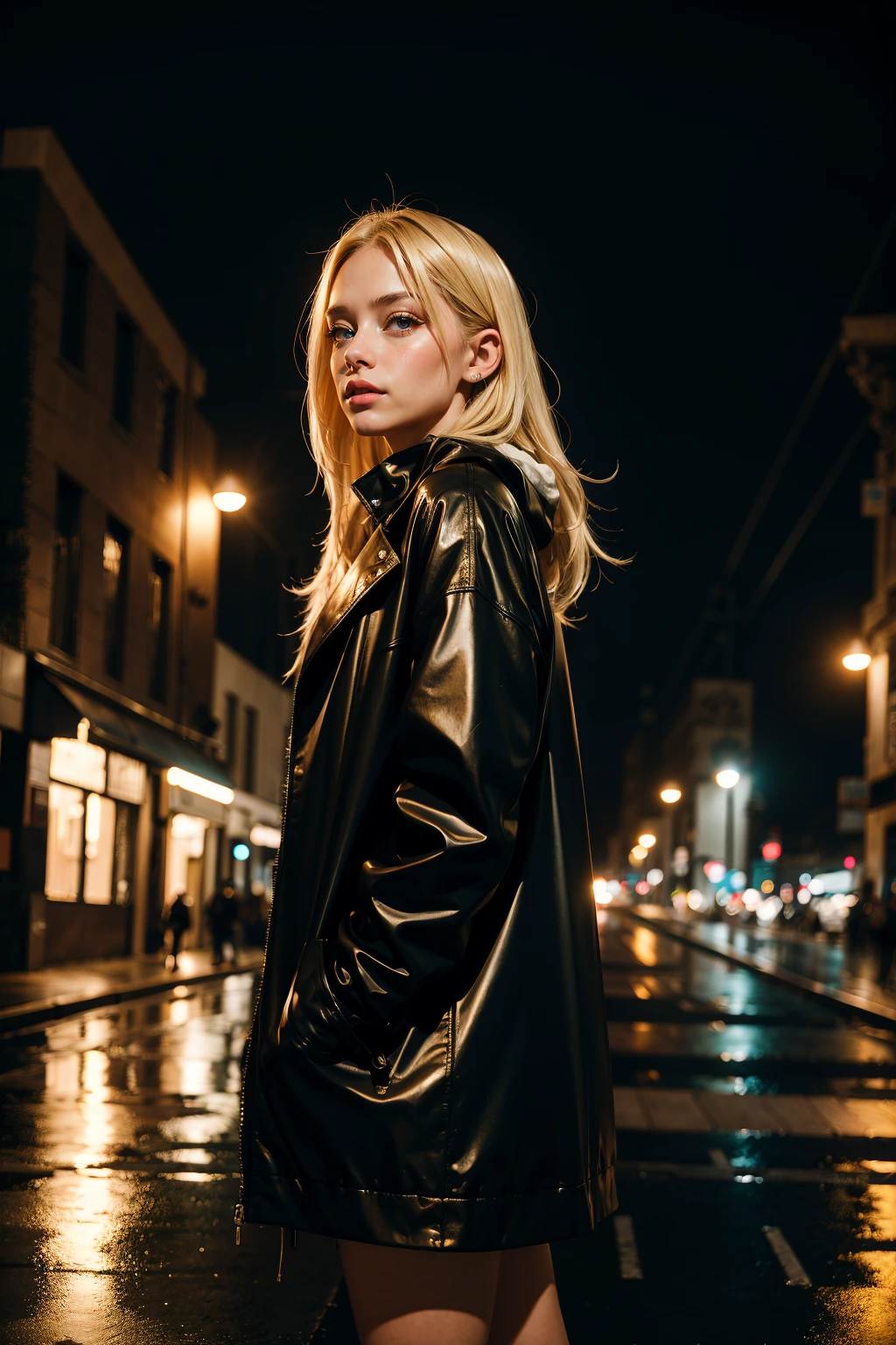 8k,highres, best quality, 1girl, blonde, outdoors, street, night, street light, raining,