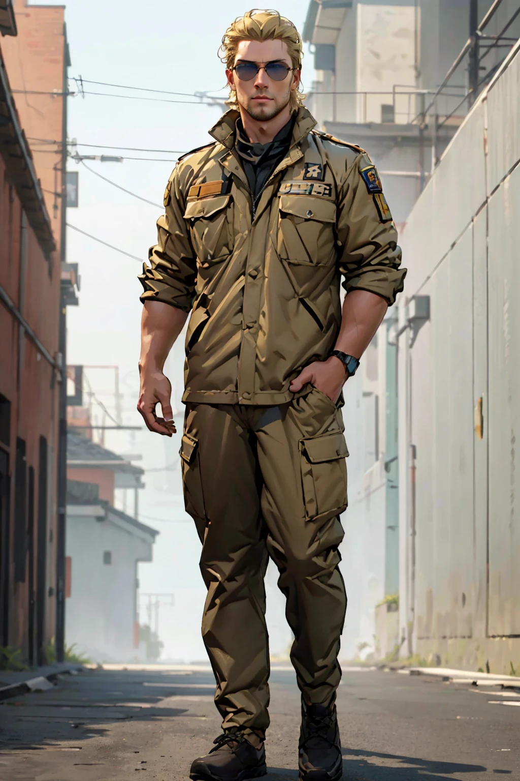 Kazuhira Miller,  blue eyes,  blond hair,  stubble,  wore aviator sunglasses,  fit body,  handsome,  charming,  alluring,  intense gaze,  (standing),  (full body in frame),  perfect light,  only1 image,  perfect anatomy,  perfect proportions,  perfect perspective,  8k,  HQ,  (best quality:1.2,  hyperrealistic:1.2,  photorealistic:1.2,  madly detailed CG unity 8k wallpaper:1.2,  masterpiece:1.2,  madly detailed photo:1.2),  (hyper-realistic lifelike texture:1.2,  realistic eyes:1.2),  picture-perfect face,  perfect eye pupil,  detailed eyes,  realistic,  HD,  UHD,  front view,<lora:EMS-498-EMS:0.100000>,<lora:EMS-264989-EMS:0.600000>