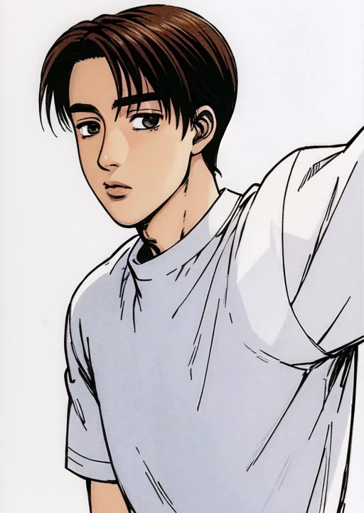 <lora:takumifujiwara:0.7> takumi_fujiwara, 1boy, solo, brown hair, shirt, looking at viewer, white background