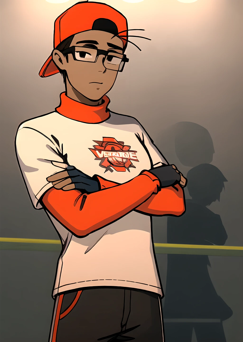 <lora:GoodHands-beta2:1> 1boy, <lora:verbalase-09:0.65> verbalase, male focus, baseball cap, backwards hat, glasses, solo, red sleeves, gloves,
mature male, fingerless gloves, black eyes, crossed arms,
<lora:moshimoshibe-1600it:1>