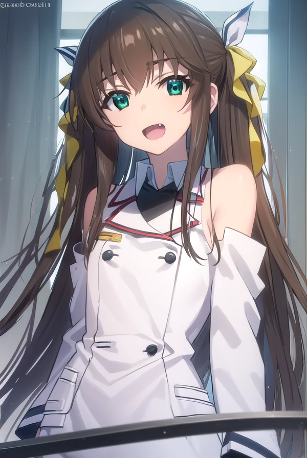lingyinhuang, <lora:lingyin huang s2-lora-nochekaiser:1>,
lingyin huang, long hair, brown hair, ribbon, twintails, (green eyes:1.3), hair ribbon, fang, smile, open mouth,
BREAK bare shoulders, detached sleeves, school uniform, ribbon, blue ribbon, (red trim:1.2), uniform, military uniform, (white military uniform:1.5),
BREAK indoors, classroom,
BREAK looking at viewer, (cowboy shot:1.5),
BREAK <lyco:GoodHands-beta2:1>, (masterpiece:1.2), best quality, high resolution, unity 8k wallpaper, (illustration:0.8), (beautiful detailed eyes:1.6), extremely detailed face, perfect lighting, extremely detailed CG, (perfect hands, perfect anatomy),