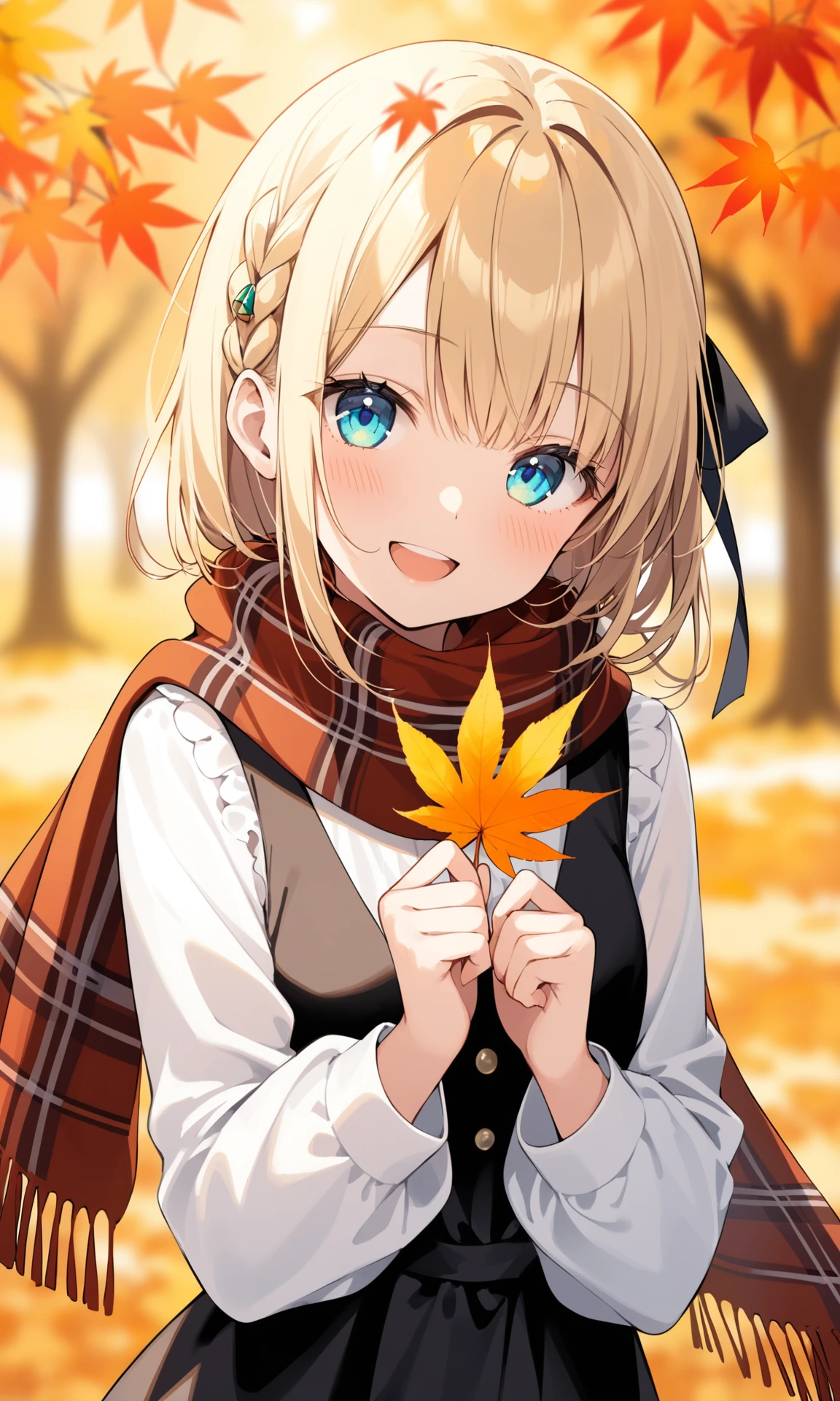 1girl,solo,maple leaf,autumn leaves,holding,smile,leaf,holding leaf,hair ribbon,looking at viewer,blurry,open mouth,bangs,shirt,ribbon,braid,white shirt,dress,hair ornament,depth of field,long sleeves,:d,blurry background,outdoors,plaid,blonde hair,sleeveless dress,autumn,blush,blurry foreground,shawl,black dress,scarf,upper teeth only,black ribbon,sleeveless,blue eyes,upper body,teeth,aqua eyes,head tilt,