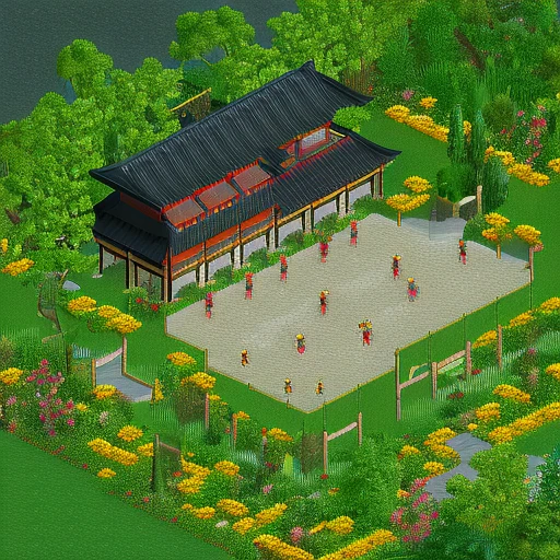 <lora:n3rct_v1:1.0>, (n3rct isometric image), realistic, (high quality), (high resolution), asian garden, dojo