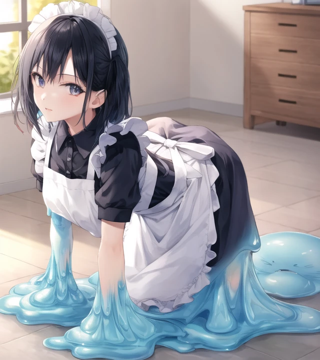 1girl, slime shapeshifter<lora:slime_shapeshifter-v1.0:1>, all fours, looking at viewer, maid apron, indoors, <lora:add_detail:0.36>
