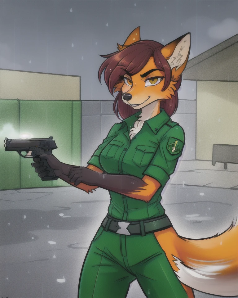 miranda_(naythf), antrompomorfic woman in a green shirt holding a gun in the rain, anthro, militarty uniform, furry female, maned wolf, illustrated by ly_150, <lora:lastMirandav2:0.4>, by Skeleion, pistol,