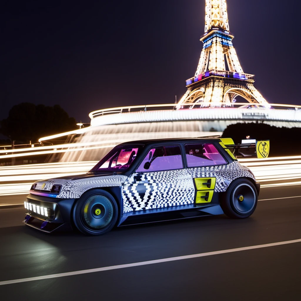 Long exposure photo of cinematic photo Long exposure photo of R5e1024, an pearly white electric rally, car, text ''CivitAI", Paris, effeil tower, neon ligths, photography, ultra sharp, film, professional, 64k <lora:add-detail-xl:1.5> <lora:R5Turbo3E-1024-000235:0.8> . Blurred motion, streaks of light, surreal, dreamy, ghosting effect, highly detailed