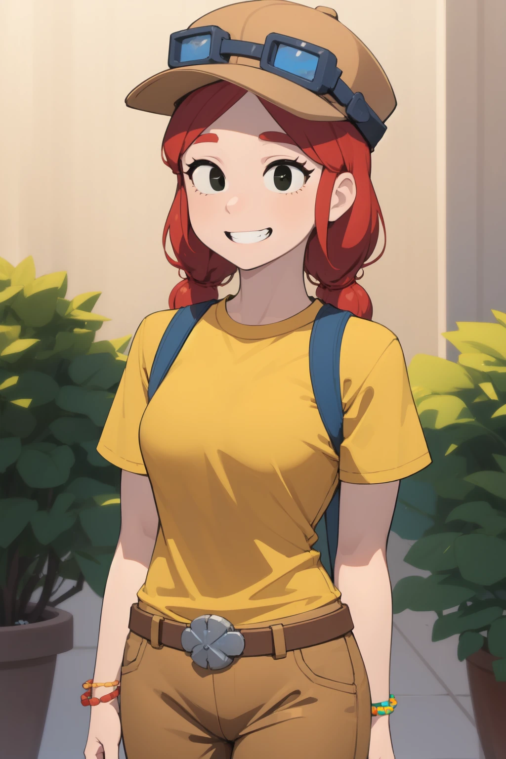 masterpiece, best quality, highres, jbrawl, black eyes, twintails, goggles on headwear, bracelet, yellow shirt, bag, belt, pants, wide-eyed, grin, arms at side<lora:Jessie-14:0.8>