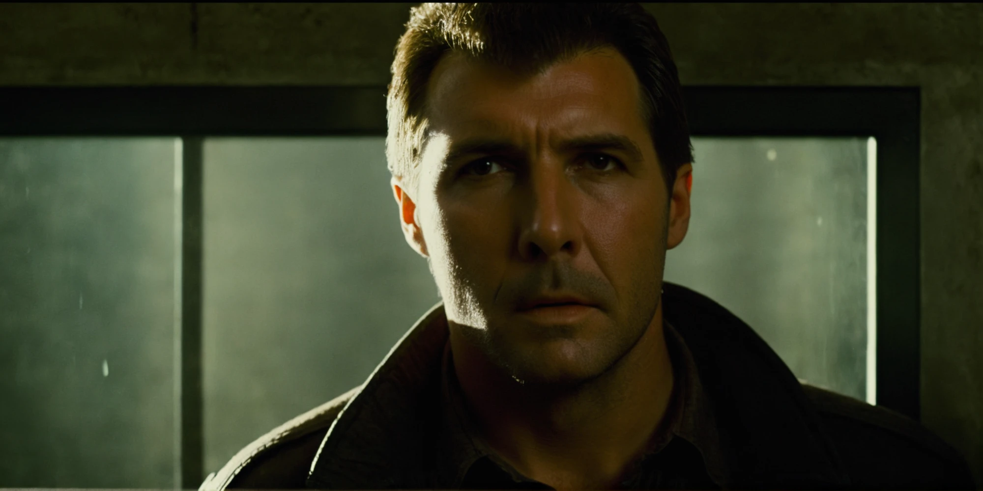 cinematic film still of <lora:Blade Runner Style:1>
Kodak Eastman 100T 5247 Cinematic 1982 Film Stock Footage of Rick Deckard a man partially covered in shadows standing in a dark room with a door open staring at camera Blade Runner style, shallow depth of field, vignette, highly detailed, high budget, bokeh, cinemascope, moody, epic, gorgeous, film grain, grainy