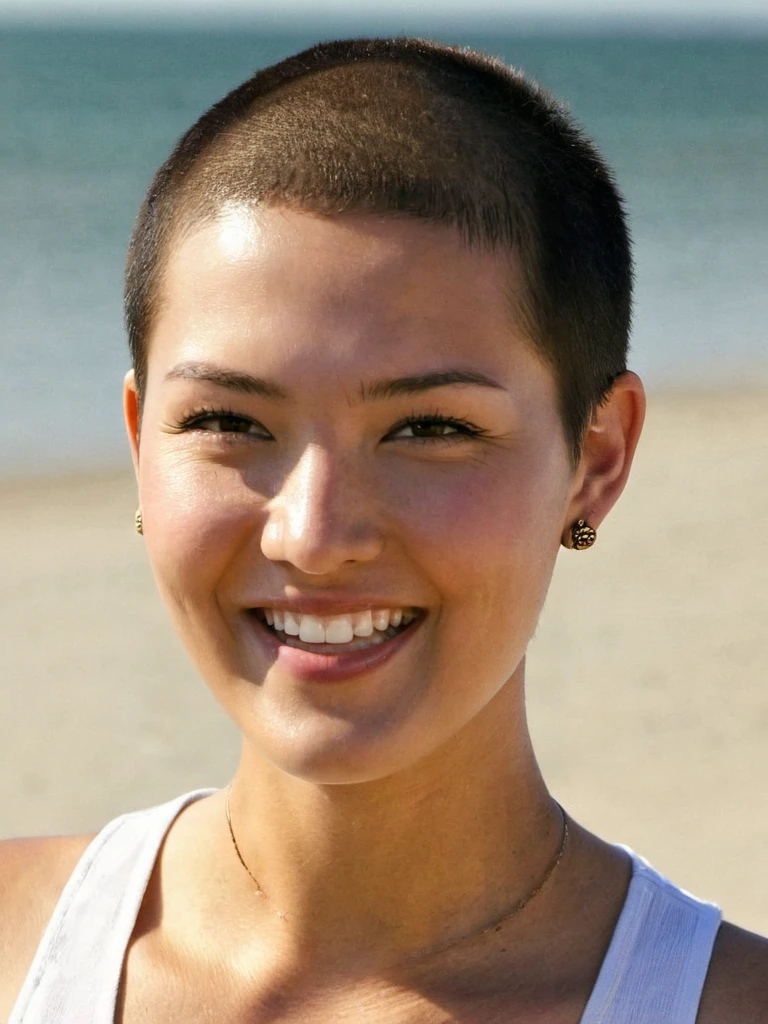 woman, tibetan, smiling, (looking away:1.7), fair skin, surprised<lora:A_SHort_Cut_v3_SDXL:1.1>(very short hair:1.5), (buzz cut:1.2), brown eyes, on the beach, white shirt, sunny day