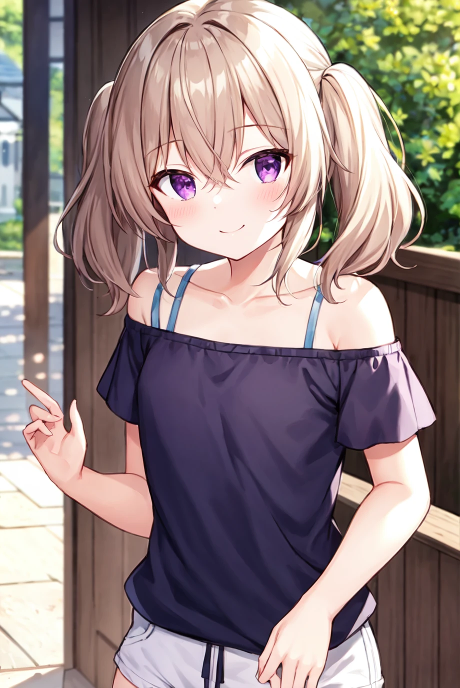 (masterpiece), (best quality:1.2, high quality:1.2, highres), outdoors, solo, solo focus, (upper body), 1girl, yoshinaga koi, medium hair, messy hair, twintails, hair between eyes, light brown hair, purple eyes, smile, shoulder cutout, bra strap, off-shoulder shirt, blue shirt, collarbone, white shorts, short shorts