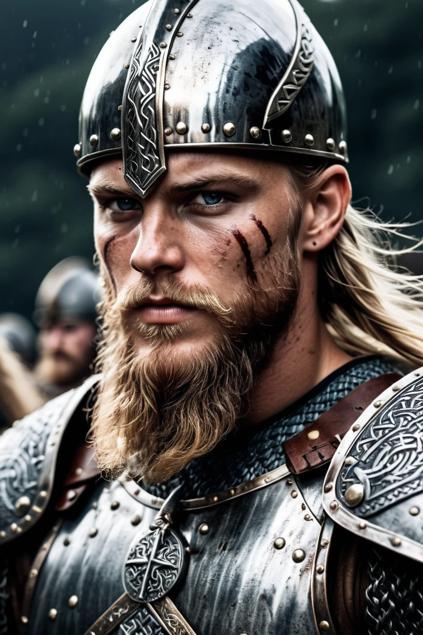 epic portrait of a viking warrior, shiny metal, grime, just returned from battle scene, intricately detailed