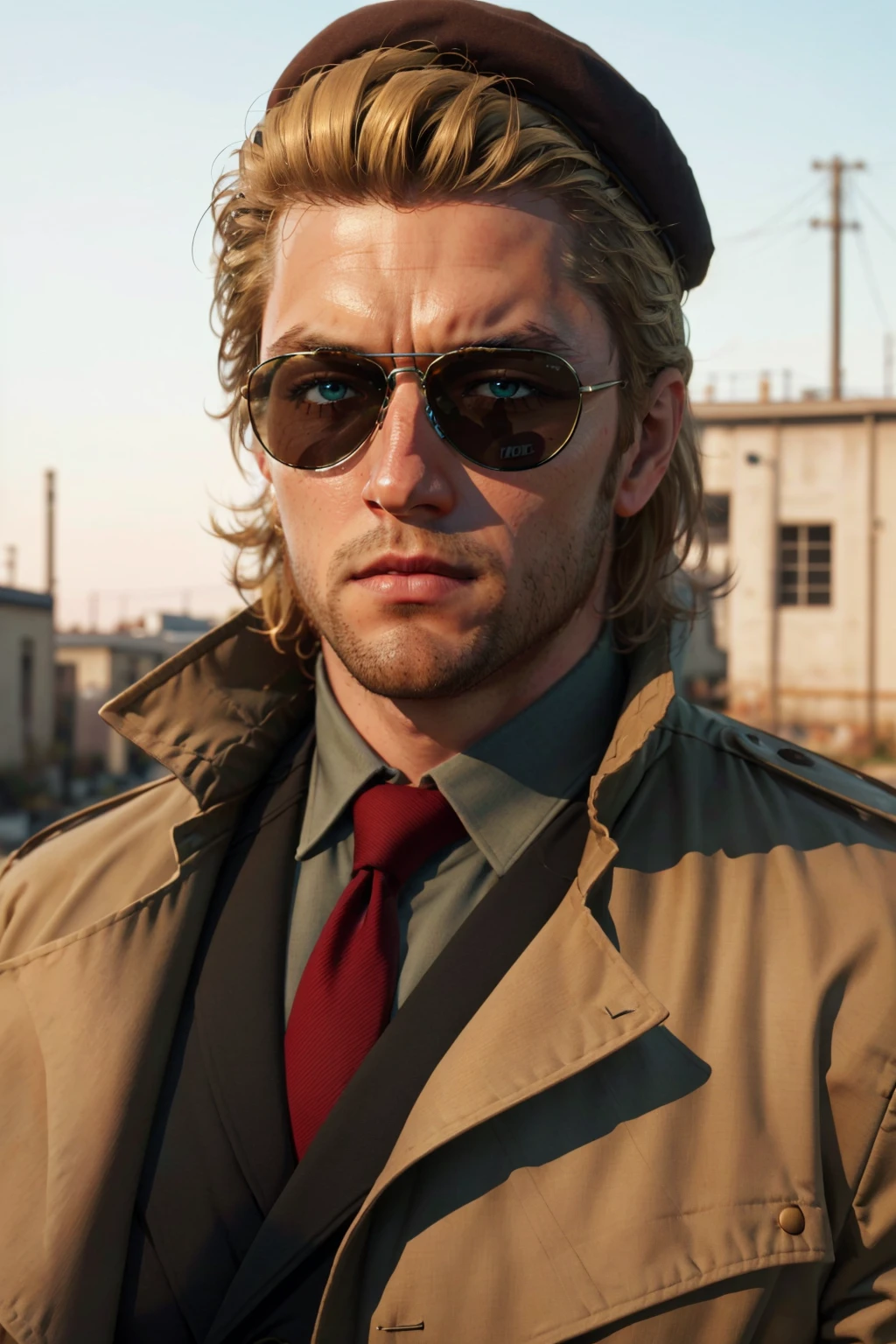 Kazuhira Miller,  blue eyes,  blond hair,  stubble,  wore aviator sunglasses,  white collared shirt,  green suit with a red tie,  khaki trench coat,  black beret,  fit body,  handsome,  charming,  alluring,  intense gaze,  (standing),  (upper body in frame),  perfect light,  only1 image,  perfect anatomy,  perfect proportions,  perfect perspective,  8k,  HQ,  (best quality:1.2,  hyperrealistic:1.2,  photorealistic:1.2,  madly detailed CG unity 8k wallpaper:1.2,  masterpiece:1.2,  madly detailed photo:1.2),  (hyper-realistic lifelike texture:1.2,  realistic eyes:1.2),  picture-perfect face,  perfect eye pupil,  detailed eyes,  realistic,  HD,  UHD,  front view,  portrait,<lora:EMS-498-EMS:0.100000>,<lora:EMS-264989-EMS:0.600000>