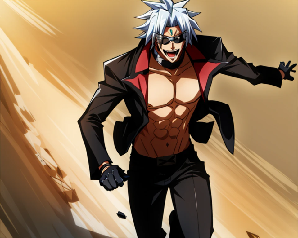 masterpiece, adam blade_140, 1boy, black jacked, glasses, pants, sun, running, muscle, open mouth, smile, white hair, sun glasses, choker, desert, <lora:adam blade 140:0.7>