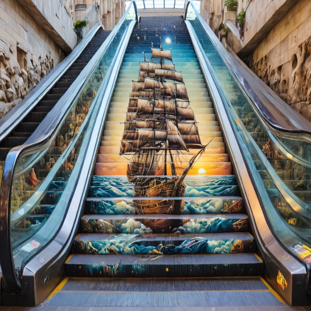a ship, ocean, escalator-art <lora:escalator-art6:1>
