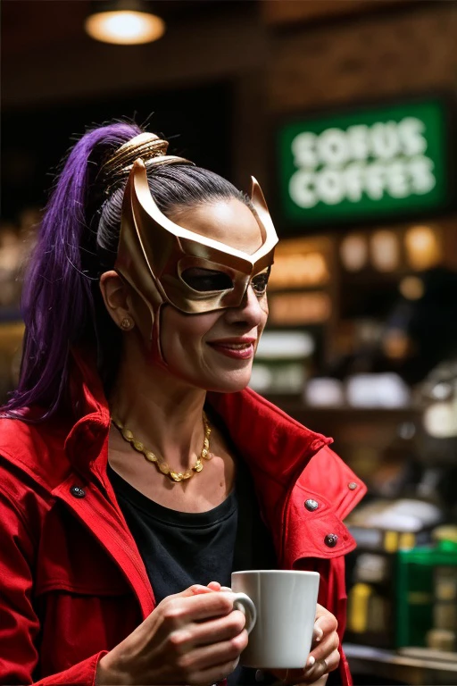 A candid photo Divatox, a woman, gold mask, purple hair, pov, at starbucks, holding a small coffee cup with lid in one hand, depth of field, blurry background, centered, red jacket, casual