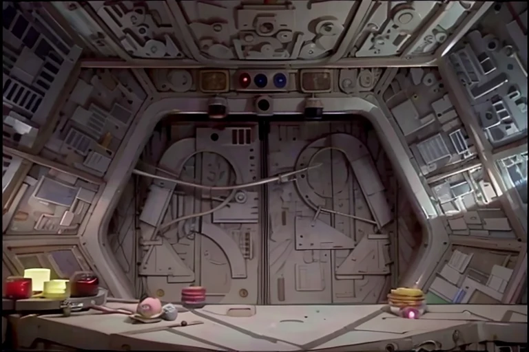 RAW photo of a space station bridge <lora:SOL_Bridge:1> with a table and a door behind it