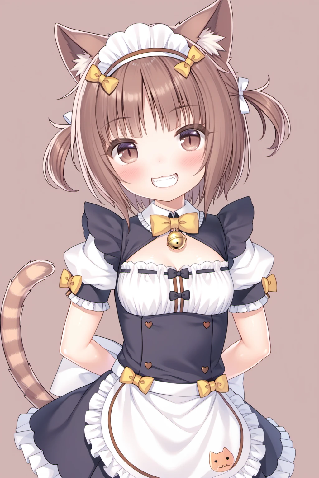 <lora:GoodHands-beta2:1> nice hands, perfect hands
nekoazuki, 1girl, animal ears, solo, tail, smile, on stomach, breasts, brown hair, gloves, brown eyes, lying, cat ears, looking at viewer, white gloves, cat tail, grin, skirt, flag, cleavage, black skirt, maid headdress, bell, artist name, slit pupils, boots, frills, holding flag, blush, two side up, short hair, frilled skirt, bangs, maid, index finger raised, small breasts, crop top, white footwear, bare shoulders, bow