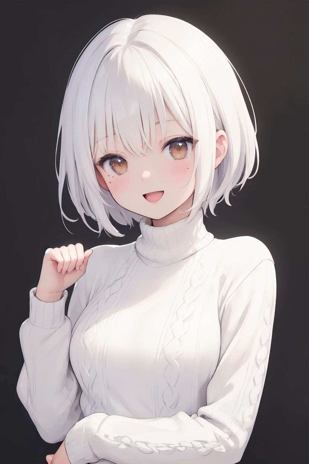(((masterpiece))),(((best quality))),(((intricate details))),super-fine illustration,award-winning,8k,hires,fine,fine-details,ultra-detailed,anime art style,painting,painted artwork,paint art style,1girl,solo,v,looking at viewer,smile,blush,upper body,mole,white background,long sleeves,mole under eye,white hair,open mouth,sweater,bangs,short hair,simple background,:d,white sweater,brown eyes,hand up,