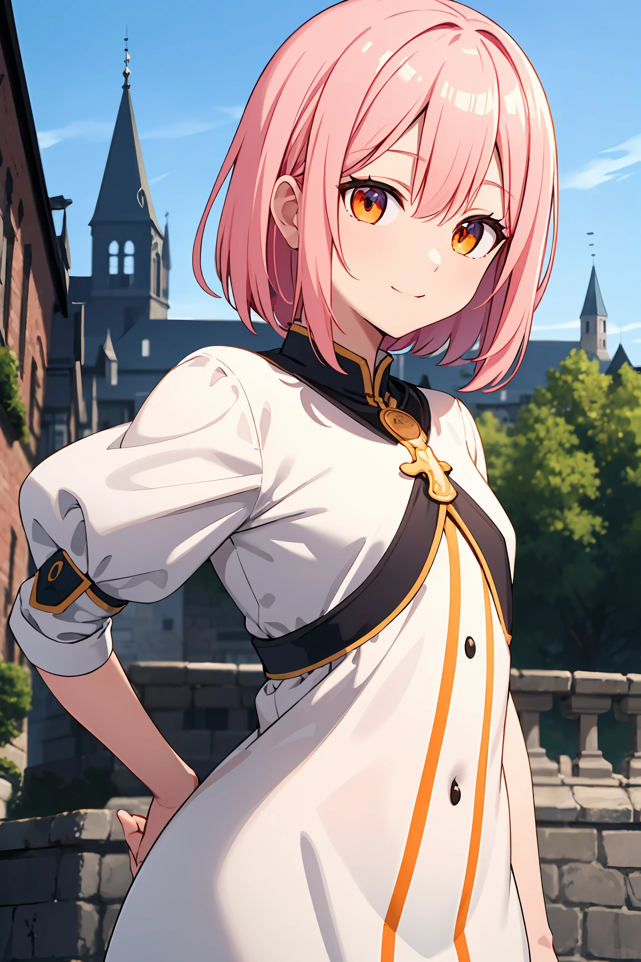 (insanely detailed, absurdres, ultra-highres, ultra-detailed, best quality:1.1),
1girl, solo, nice hands, perfect hands,
BREAK
slender, kawaii, perfect symmetrical face,
ultra cute girl, ultra cute face,
(ultra detailed eyes:1.4), (shiny eyes:1.3),
ultra detailed hair, ultra cute, ultra beautiful,
pink hair, (orange eyes:1.2),
light smile,
BREAK
(dynamic angle and pose:1.3), cute pose,
(hands on hip:1.1), upper body,
BREAK
depth of field, (panorama view:1.3), blurry background,
(fantasy world, in castle), medieval town, castle town,
BREAK