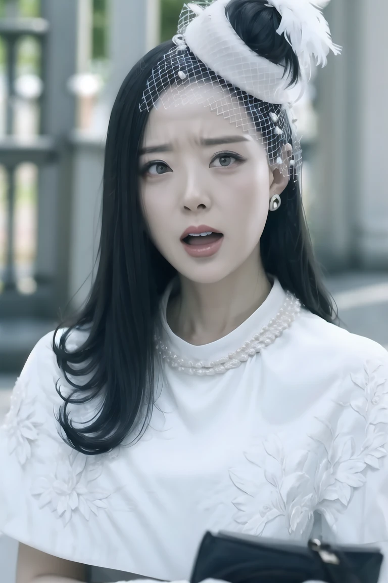 1girl, solo, makeup, white dress, jewelry, looking at viewer, hat, (screaming),
<lora:Fanpai:0.8>