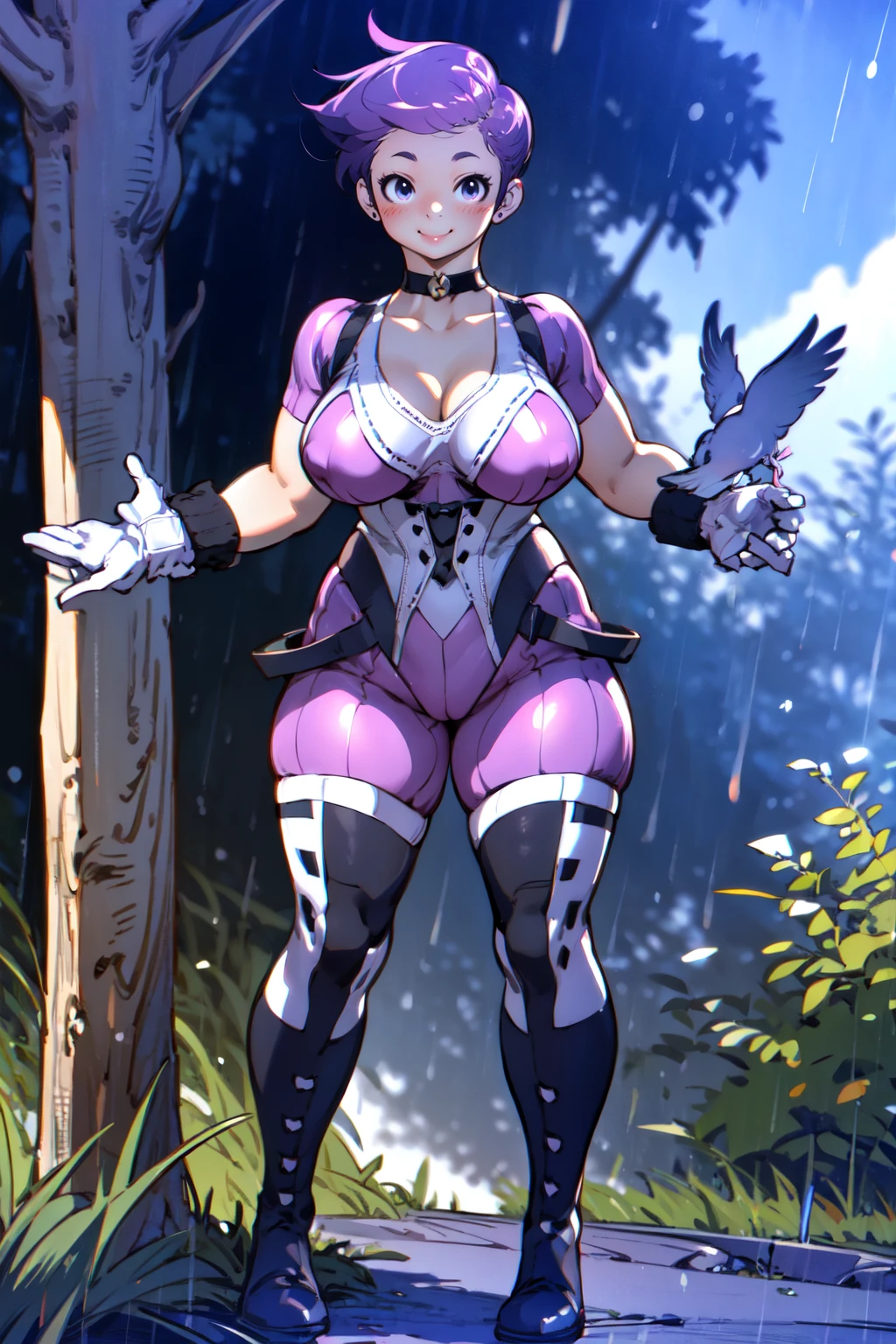 (upper body:1.2, a woman standing at a busstop, cute smile looking at viewer, summer, birds, blue sky), smiling, beautiful eyes, beautiful girl, high detail skin, high detail eyes, high detail hair, highres, ultra detailed, sharpen picture, Highly detailed, masterpiece, best quality, photorealistic, <lora:HyangriYoungji2LoRA:1> 1girl, short hair, choker, pink leotard, white corset, white gloves, black and white boots, chubby