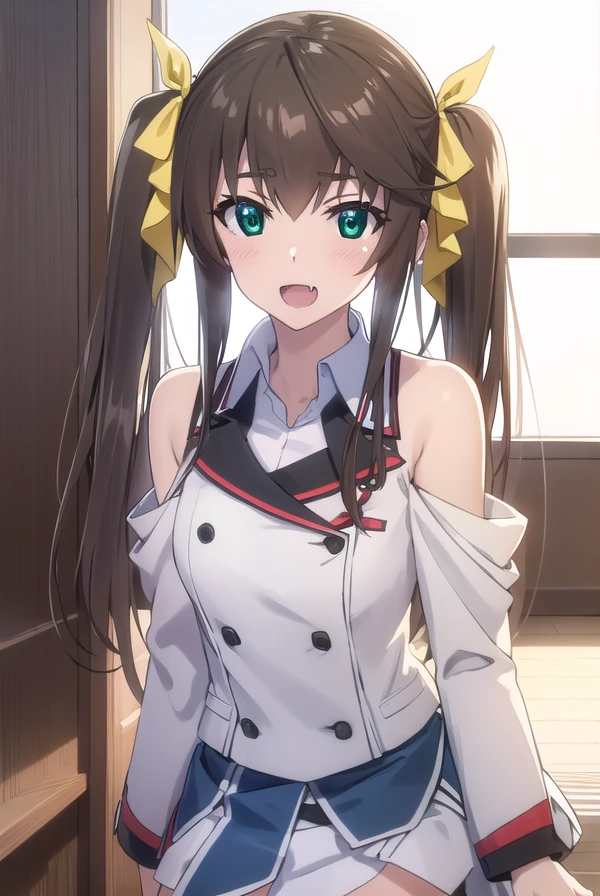 lingyinhuang, <lora:lingyin huang s2-lora-nochekaiser:1>,
lingyin huang, long hair, brown hair, ribbon, twintails, (green eyes:1.3), hair ribbon, fang, smile, open mouth,
BREAK bare shoulders, detached sleeves, school uniform, ribbon, blue ribbon, (red trim:1.2), uniform, military uniform, (white military uniform:1.5),
BREAK indoors, classroom,
BREAK looking at viewer, (cowboy shot:1.5),
BREAK <lyco:GoodHands-beta2:1>, (masterpiece:1.2), best quality, high resolution, unity 8k wallpaper, (illustration:0.8), (beautiful detailed eyes:1.6), extremely detailed face, perfect lighting, extremely detailed CG, (perfect hands, perfect anatomy),